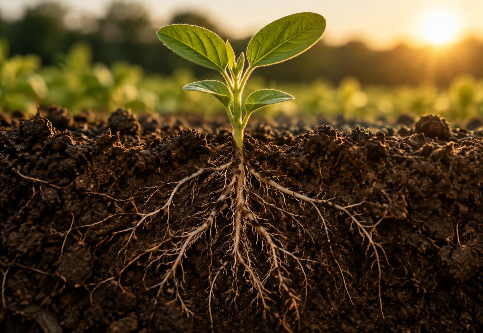 A young seedling with its root system visible in dark soil at sunrise